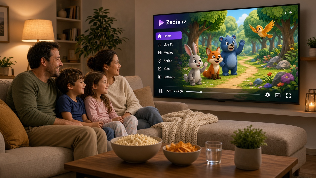 A smiling family watching cartoons on Zedi IPTV