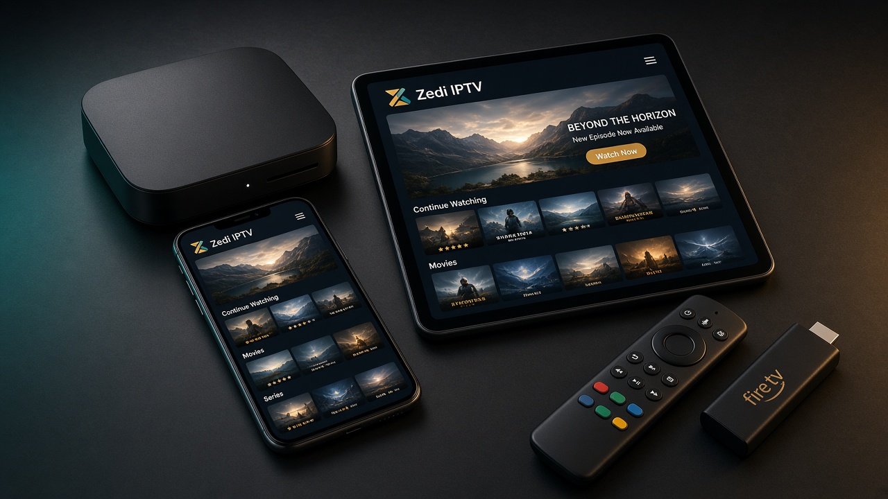 Grouped Zedi IPTV devices: TV box, mobile, tablet, Android TV remote, and Fire Stick
